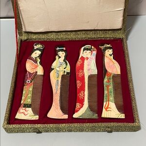 Gong Shu Ming Bi Wooden Hand-Painted Vintage Comb Set of 4 Original Box NIB